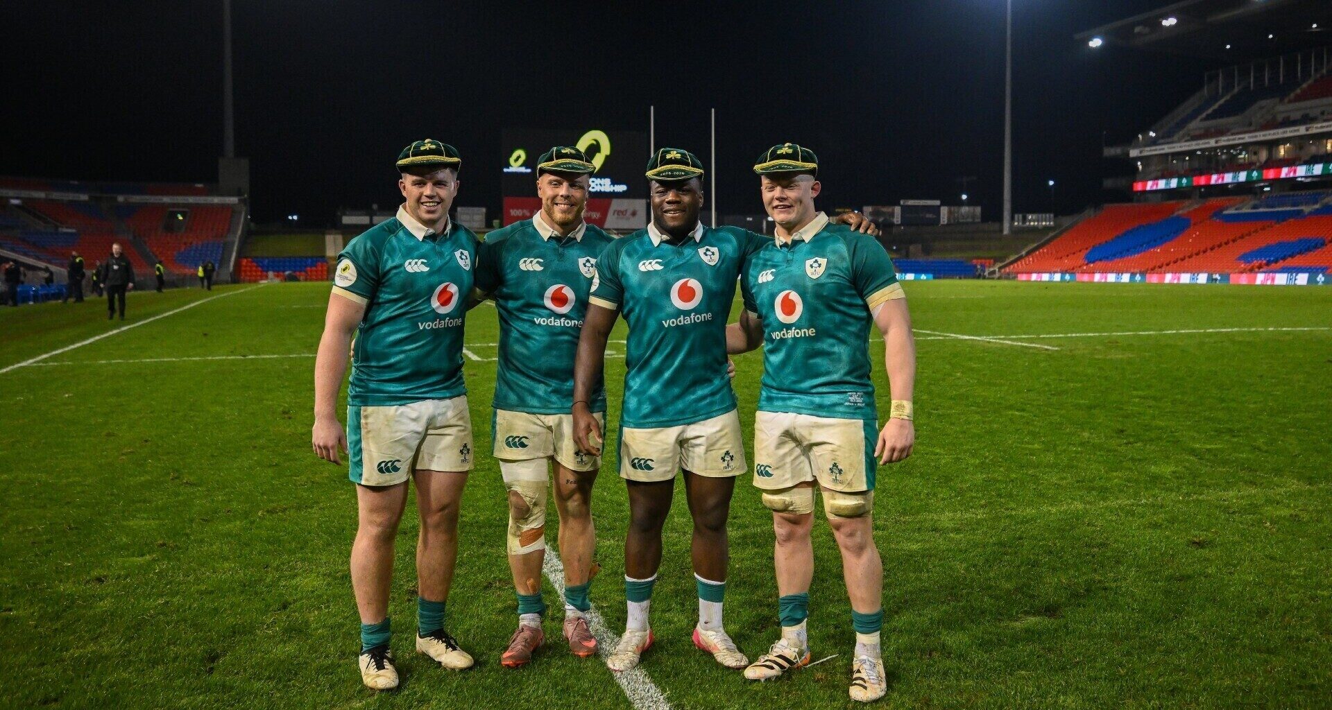 Ireland players, from left, Billy Bohan, Sean Jansen, Sam Illo and Bryn Ward with their first international caps. Pic: Brendan Moran/Sportsfile
