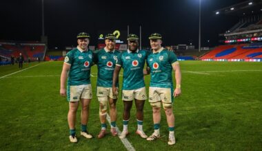 Ireland players, from left, Billy Bohan, Sean Jansen, Sam Illo and Bryn Ward with their first international caps. Pic: Brendan Moran/Sportsfile