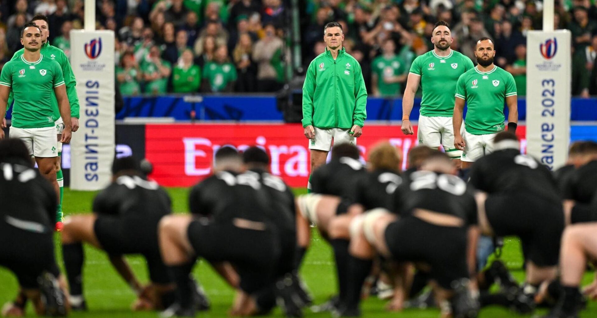 Ireland players watch New Zealand players perform the Haka before the 2023 Rugby World Cup quarter-final. Pic: Brendan Moran/Sportsfile.