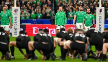 Ireland players watch New Zealand players perform the Haka before the 2023 Rugby World Cup quarter-final. Pic: Brendan Moran/Sportsfile.
