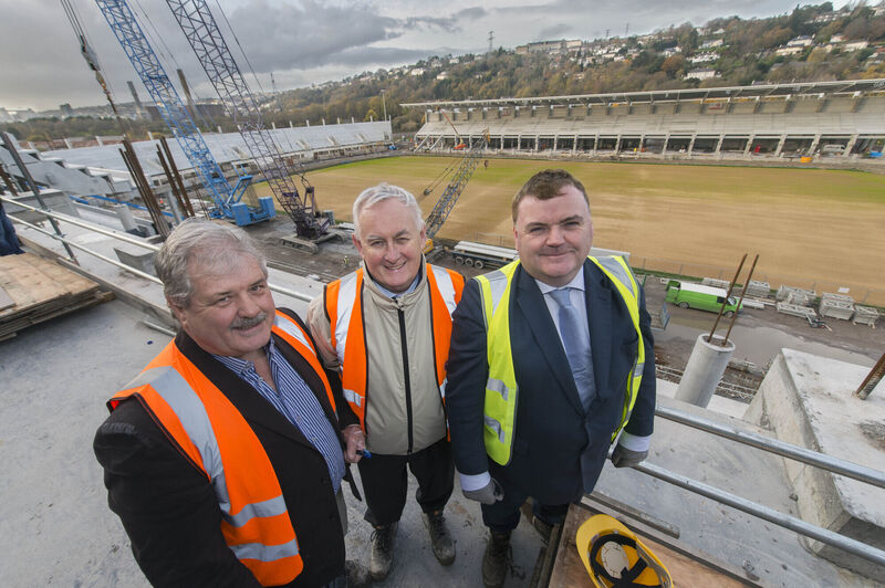 Bob Ryan, chairman of the steering committee for the redevelopment of Páirc Uí Chaoimh, former president of the GAA, Christy Cooney, and John Mullins, chair of the Cork County Board’s stadium business committee. Picture: Michael Mac Sweeney/Provision