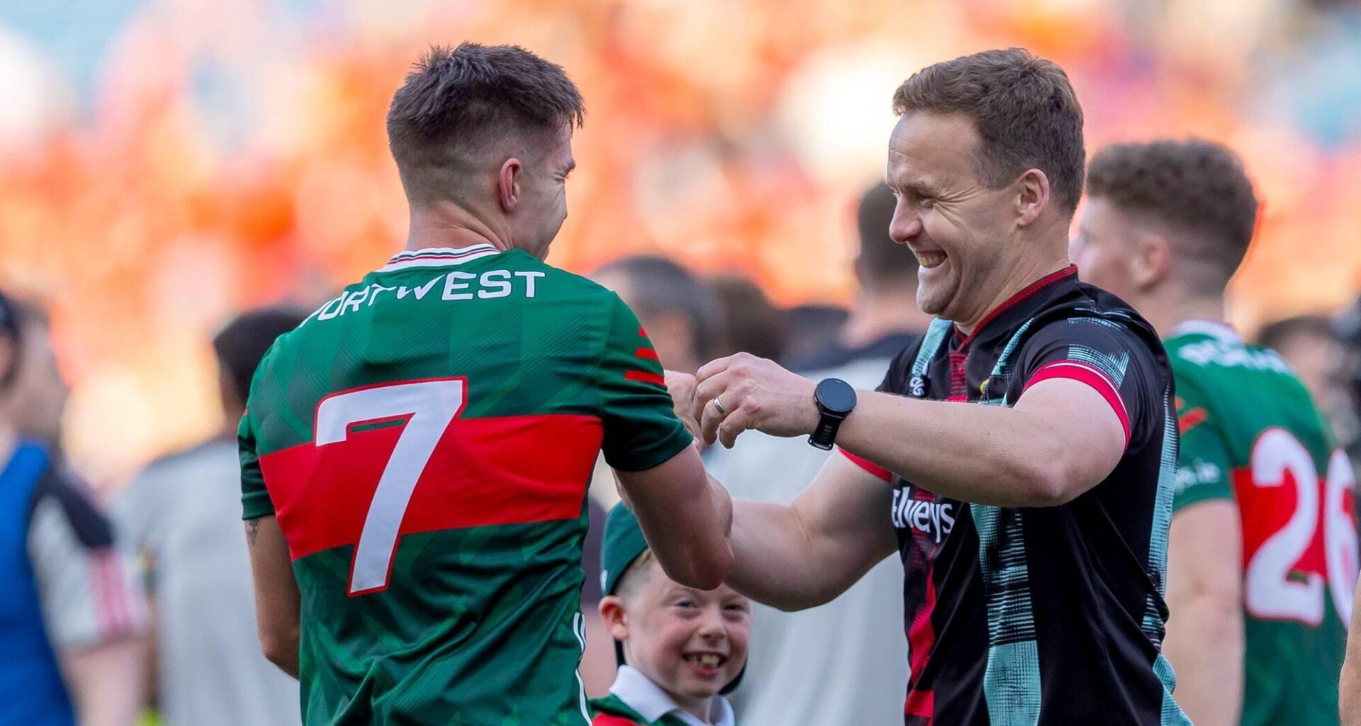 Mayo Manager Andy Moran, right, celebrates with Enda Hession after the game. Pic: Tom O’Hanlon/Inpho