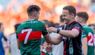Mayo Manager Andy Moran, right, celebrates with Enda Hession after the game. Pic: Tom O’Hanlon/Inpho