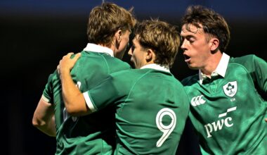 Ireland’s Daniel Ryan celebrates scoring a try with Christopher Barrett. Levan Verdzeuli/Inpho
