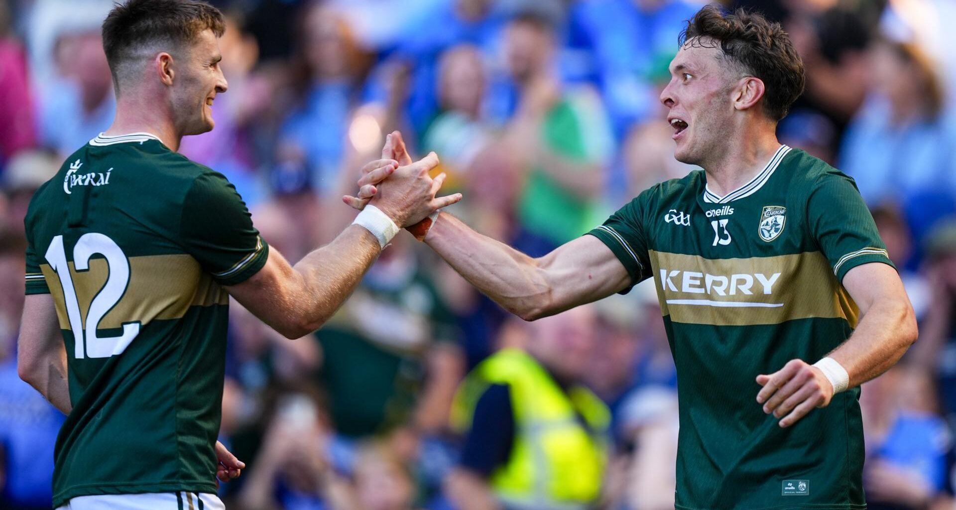 GREEN AND GOLD: Diarmuid O'Connor and David Clifford celebrates at full time of the All-Ireland semi-final with Dublin. Pic: INPHO/James Lawlor