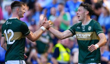 GREEN AND GOLD: Diarmuid O'Connor and David Clifford celebrates at full time of the All-Ireland semi-final with Dublin. Pic: INPHO/James Lawlor