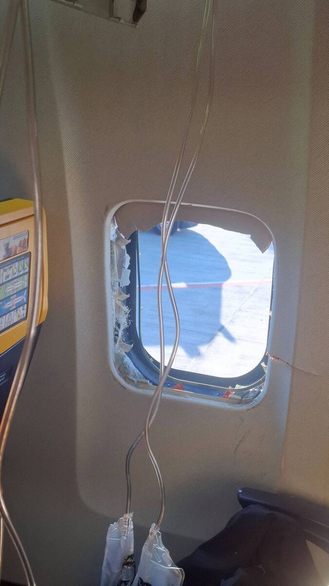 A broken window of the Ryanair aircraft. Picture: Despoina Papapavlou/Reuters