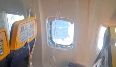 A broken window and the interior of the Ryanair aircraft, following an emergency landing in Thessaloniki, Greece. Picture: Despoina Papapavlou/Reuters