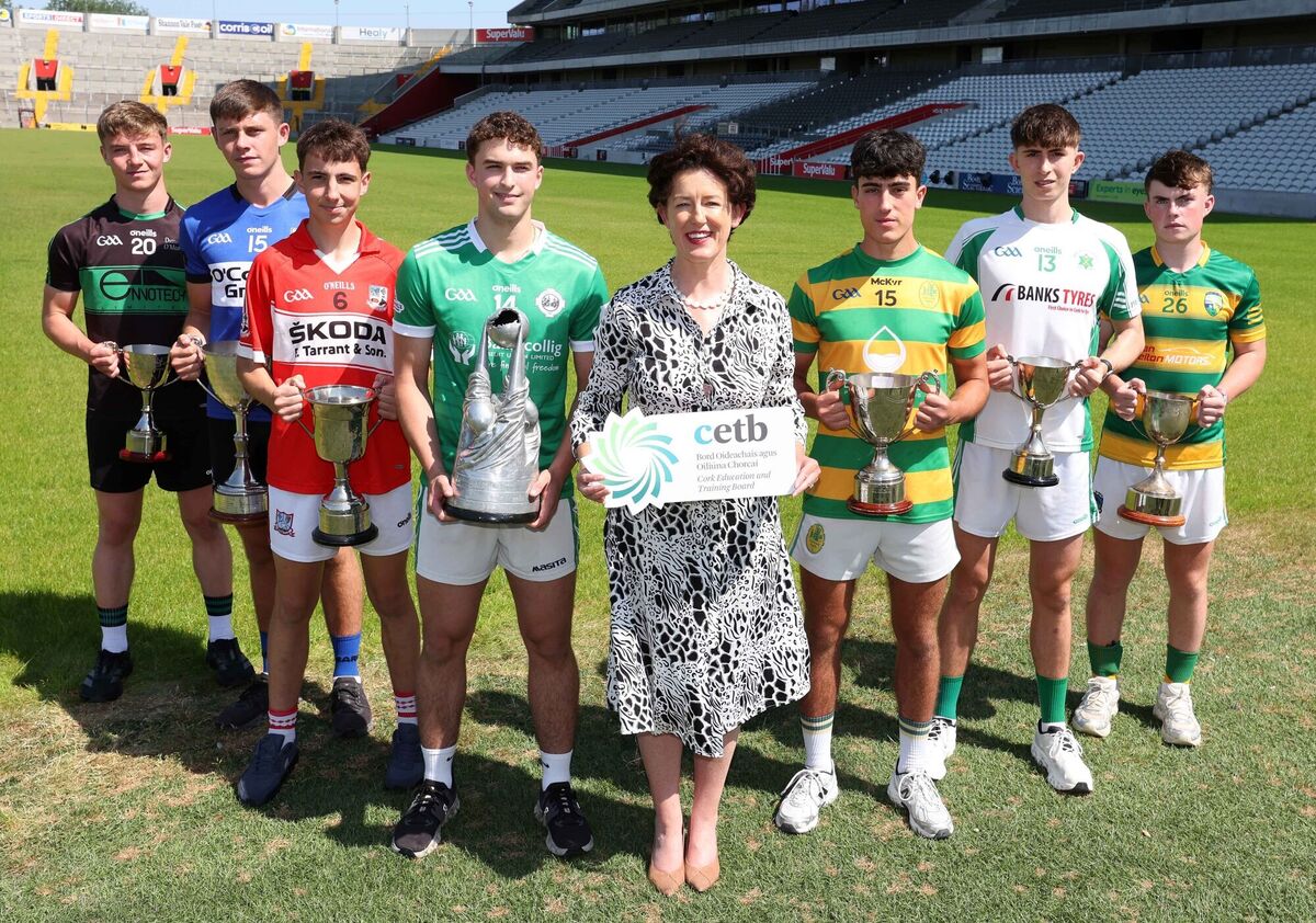 Pictured at the launch were Cllr Gillian Coughlan, chairperson Cork ETB, with Donal Herlihy (Diarmuid O'Murchú's), Tom Flynn (Sarsfields), Muiris Reidy ( Banteer), Luke O'Mahony (Ballincollig), Kevin O'Leary (Blackrock), Ben Horgan (Passage) and Jerome McCarthy (Kilmacabea/St James'). Picture: Jim Coughlan