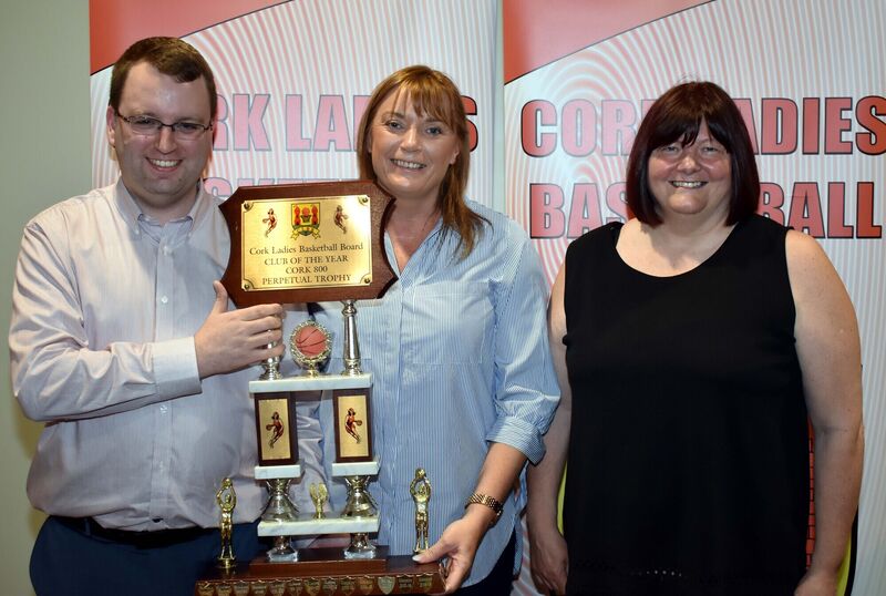Jason Thornton, Treasurer Cork Ladies Basketball Board, presents the Club of the Year Award to Brunell representatives, Ann O'Halloran and Patsy Fitzgibbon at the Annual awards Night.