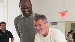 SHUT YOUR CORNHOLE: Roy Keane and Patrick Vieira, along with Ian Wright and Gary Neville, compete in a game of cornhole. Pic: ITV Sport.