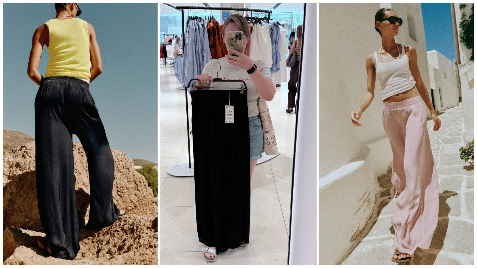 Denise O'Donoghue, centre, tries a pair of Zara 'death pants'