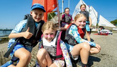 Alex Dwyer, Xanthe Kennelly, Catherine McDevitt, Caroline Kennelly and Juliette Cotter enjoy the sunshine during a sailing camp in Monkstown. Picture: Chani Anderson