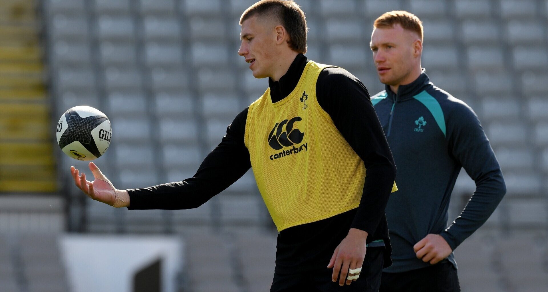 Sam Prendergast, left, and Ciarán Frawley during the Ireland Rugby captain's run at Eden Park in Auckland, New Zealand. Photo by Brendan Moran/Sportsfile