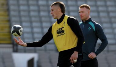 Sam Prendergast, left, and Ciarán Frawley during the Ireland Rugby captain's run at Eden Park in Auckland, New Zealand. Photo by Brendan Moran/Sportsfile