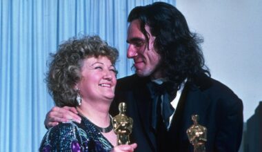 Brenda Fricker with Daniel Day-Lewis after her Oscar win