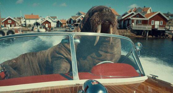A still from an ad for Virgin Media TV featuring a walrus piloting a speedboat