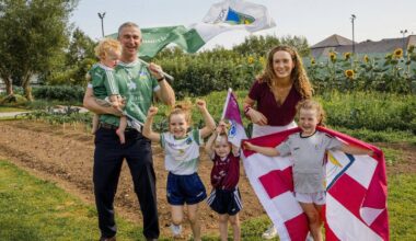 Aislinn Connolly and Conor Fitzgerald with their children, Cóilí, Ailbhe, Brídín, and Peigí. Picture: Adrian Butler