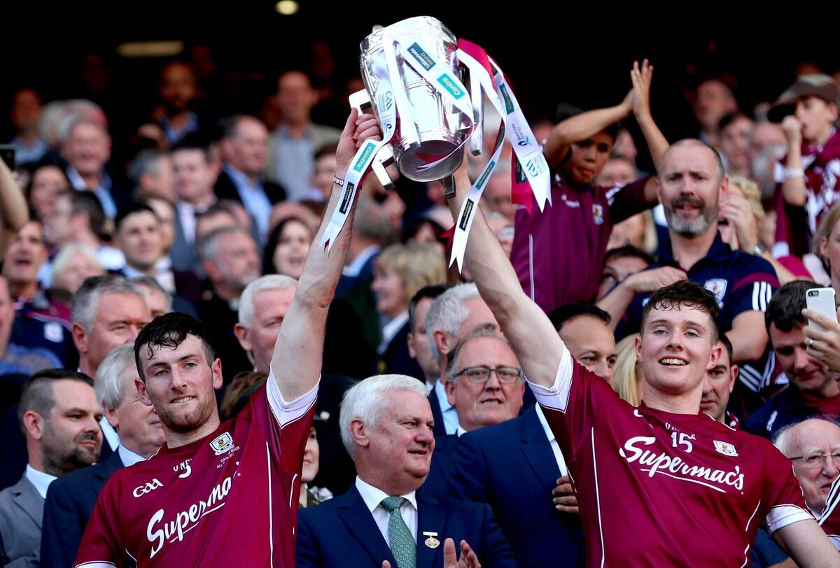 Galway's Padraic Mannion and Cathal Mannion lift the Liam McCarthy Cup. Pic: James Crombie/Inpho