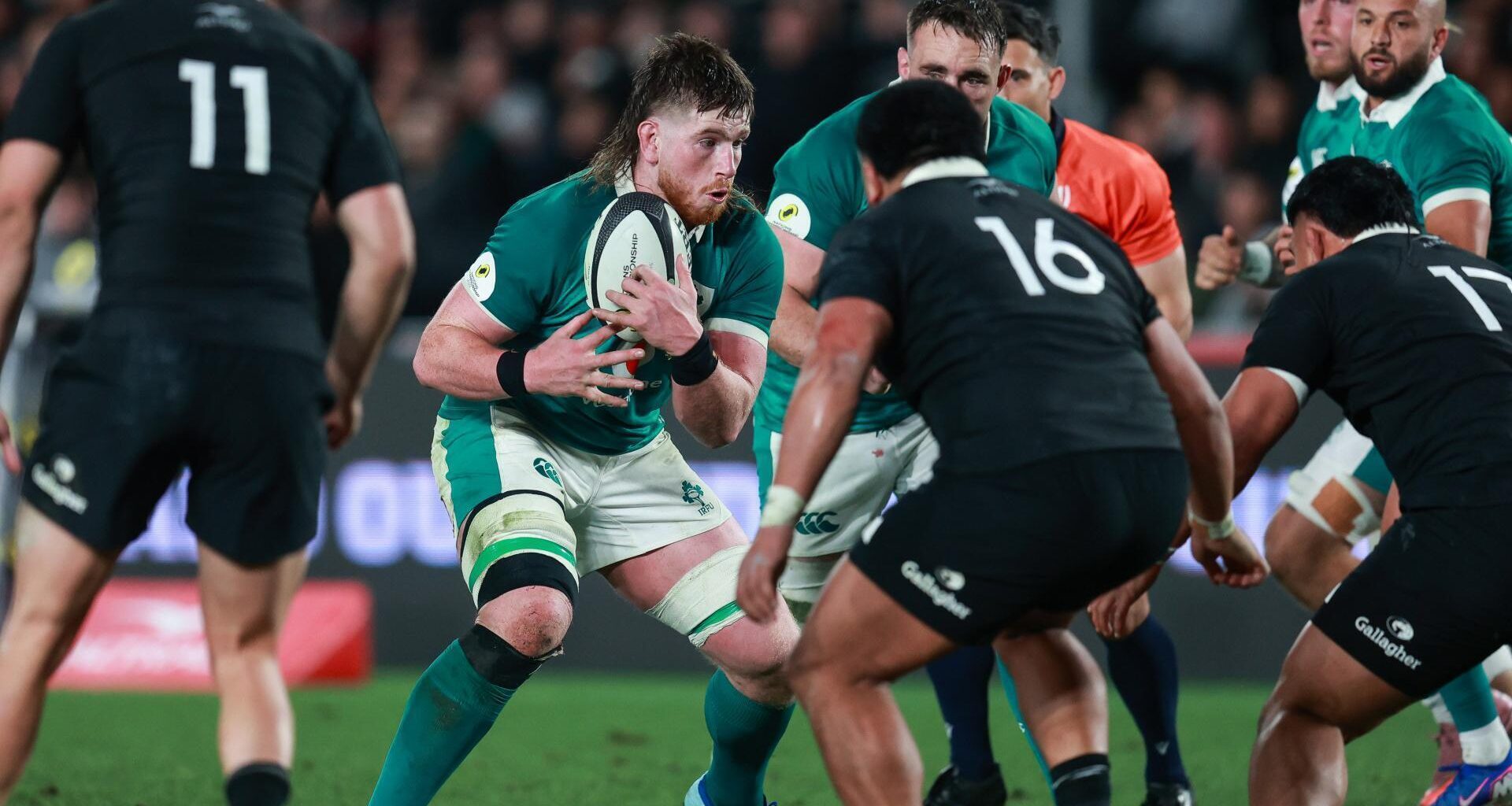 Ireland's Joe McCarthy comes up against Asafo Aumua of New Zealand. Pic: INPHO/Photosport/Craig Butland