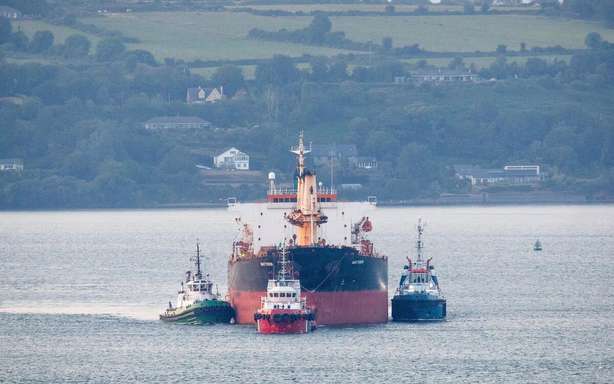 The MV Matthew, escorted by tugs Foteni, Ocean Challanger, Alex and Titan, is seen leaving Cork Harbour after almost three years tied up at the port since her seizure in September 2023. Picture: David Creedon