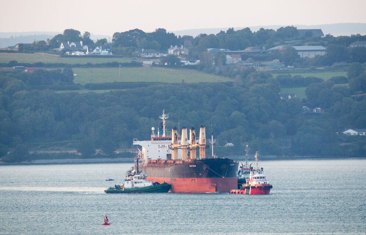 The MV Matthew, escorted by tugs Foteni, Ocean Challanger, Alex and Titan, is seen leaving Cork Harbour after almost three years tied up at the port since her seizure in September 2023. Picture: David Creedon