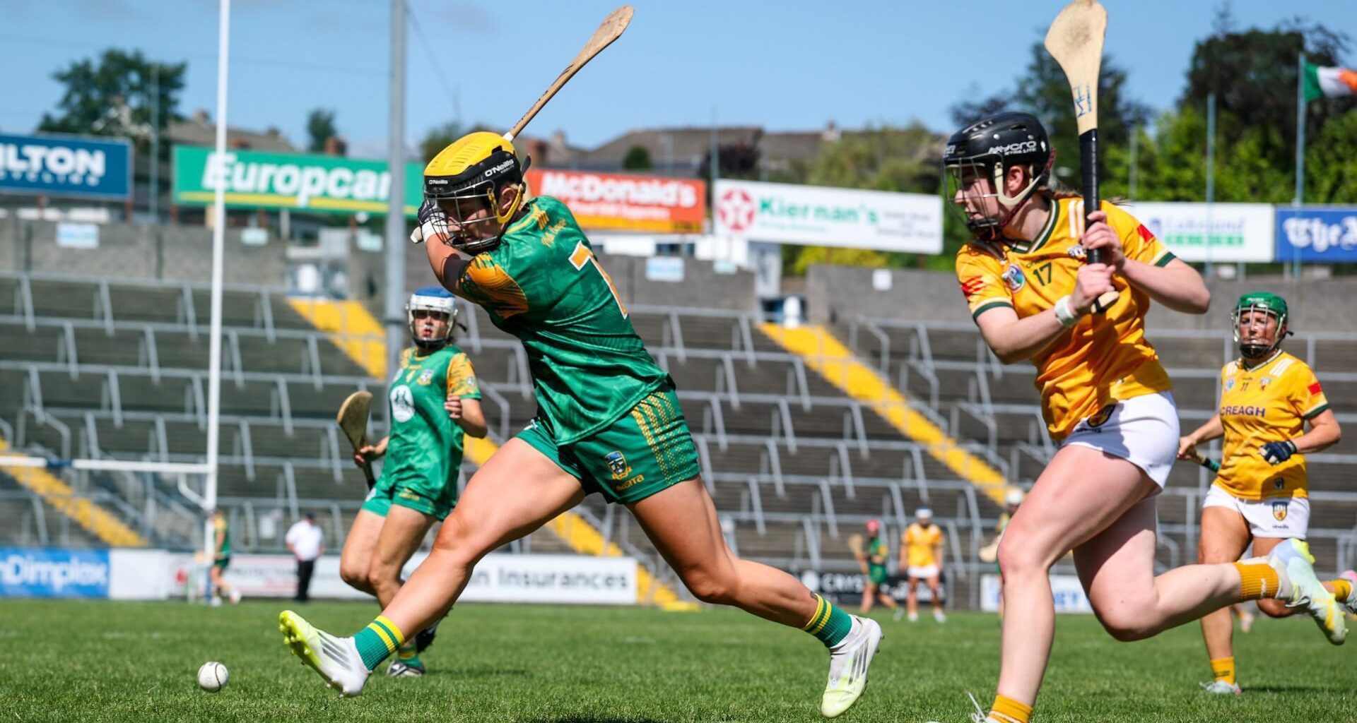 Meath’s Erin Leddy and Orlaith McAlister of Antrim battle for possession of the sliotar at Kingspan Breffni Park. Pic: Nick Elliott/Inpho