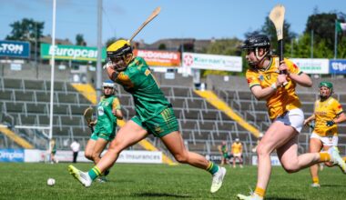 Meath’s Erin Leddy and Orlaith McAlister of Antrim battle for possession of the sliotar at Kingspan Breffni Park. Pic: Nick Elliott/Inpho