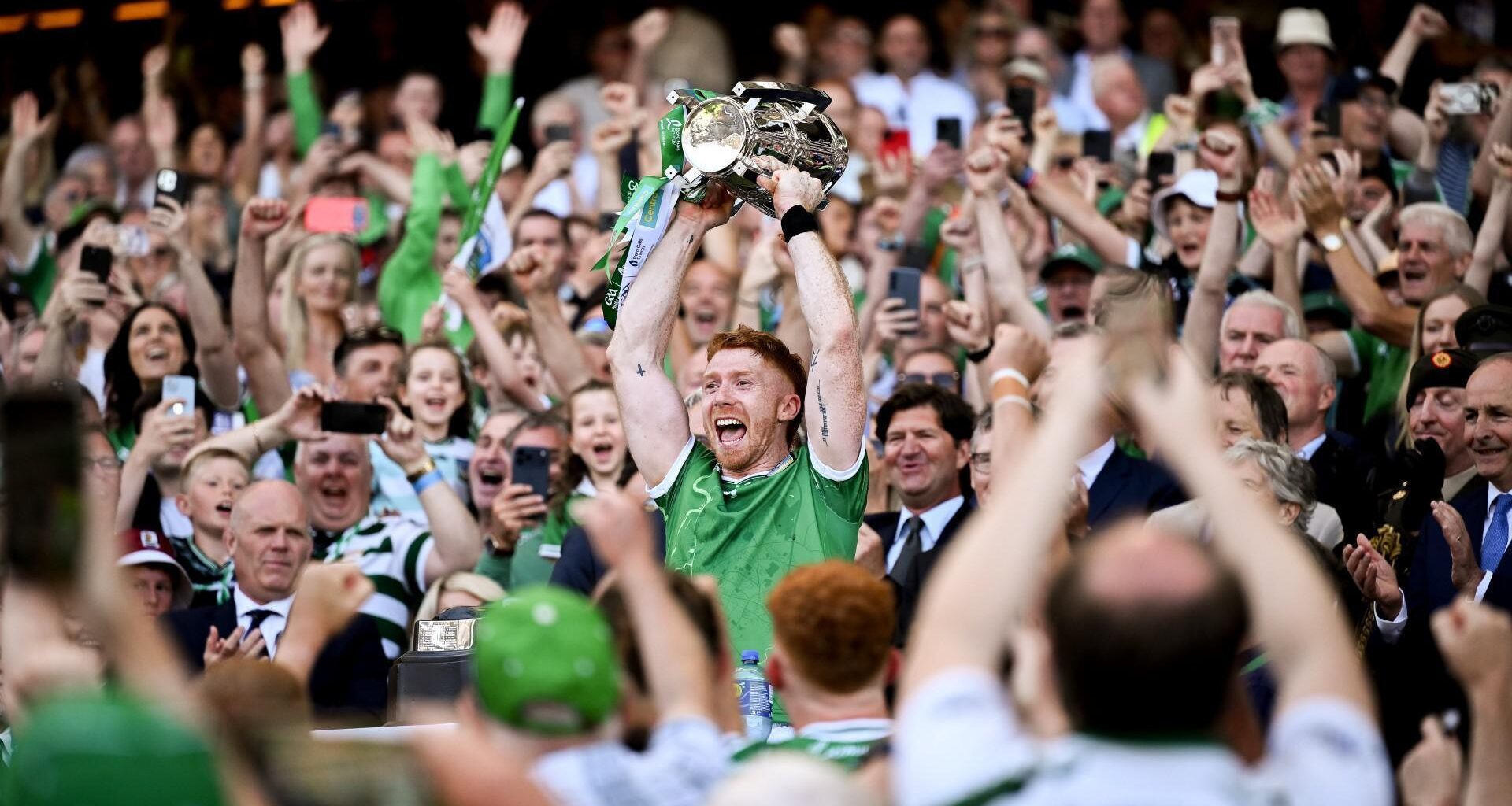 Limerick captain Cian Lynch lifts the Liam MacCarthy Cup. Pic: David Fitzgerald/Sportsfile