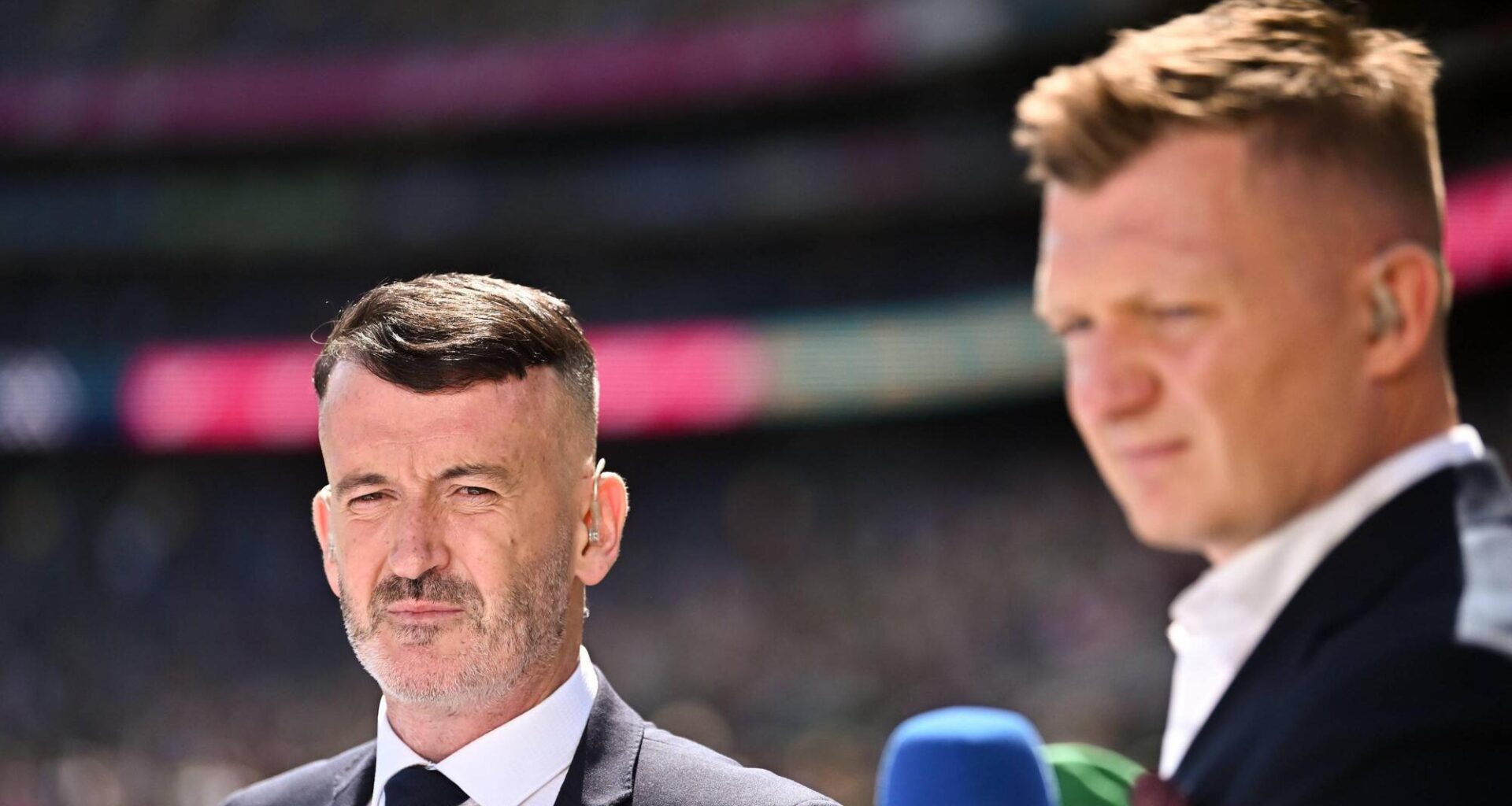 SHARP EXCHANGE: RTÉ hurling pundits Dónal Óg Cusack and Joe Canning at Croke Park. Pic: Piaras Ó Mídheach/Sportsfile