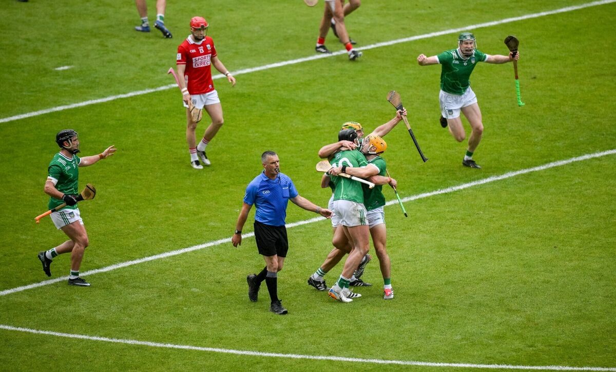Limerick players celebrate as referee James Owens blows the final whistle after the Munster SHC final against Cork. Picture: Brendan Moran/Sportsfile