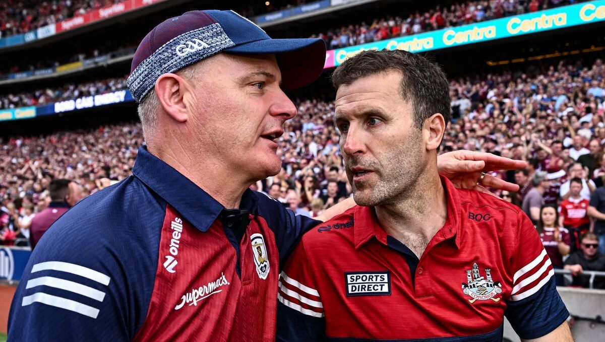 Cork manager Ben O'Connor with his Galway counterpart Micheál Donoghue following the All-Ireland SHC semi-final defeat at Croke Park. Picture: Piaras Ó Mídheach/Sportsfile