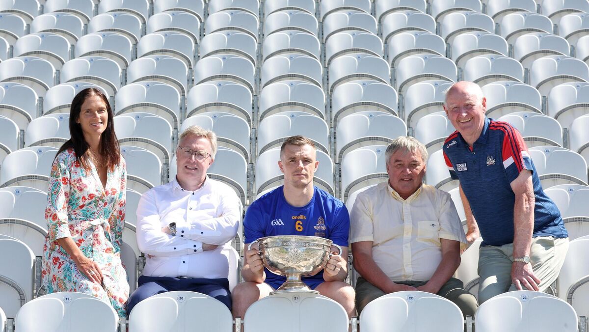 Sinead O'Keeffe, Commercial Director Cork GAA & SuperValu Páirc Uí Chaoimh; Brendan Harrington, CEO McCarthy Insurance Group; Alan O'Connor, St. Finbarrs; Charlie McCarthy, McCarthy Insurance Group and Pat Horgan, Chairperson Cork Gaa, at the McCarthy Insurance Group 2026 Cork County Club Football Championship launch. 