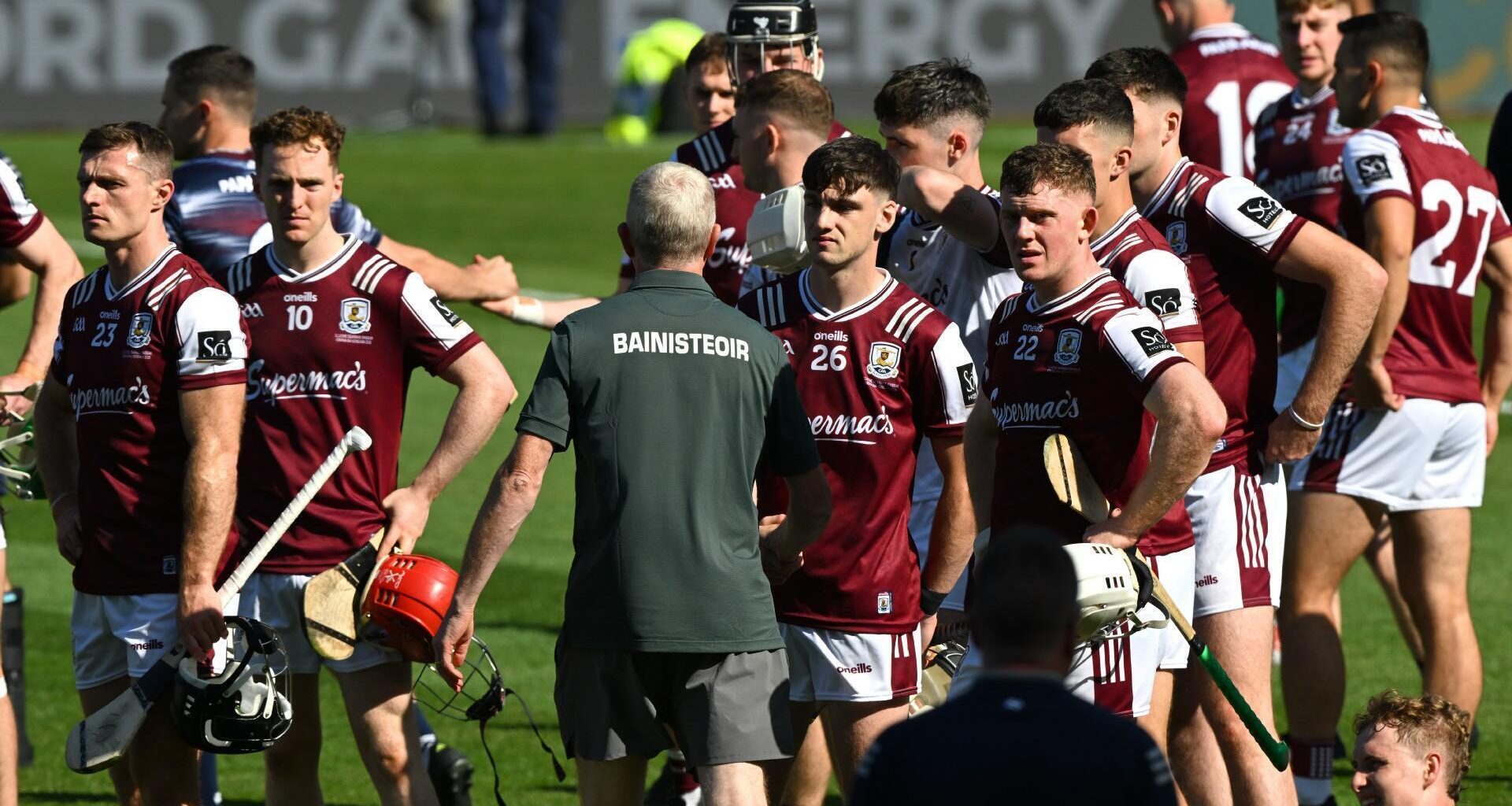 TRIBAL DEVASTATION: Limerick manager John Kiely shakes hands with Galway players who look dejected after the final whistle at Croke Park. Pic: Ray McManus/Sportsfile