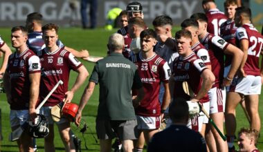 TRIBAL DEVASTATION: Limerick manager John Kiely shakes hands with Galway players who look dejected after the final whistle at Croke Park. Pic: Ray McManus/Sportsfile