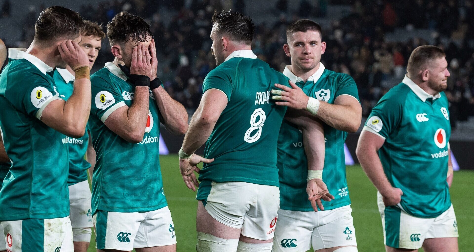 Ireland's Hugo Keenan, Jack Conan and Nick Timoney dejected after the defeat by New Zealand. Pic:©INPHO/Photosport/Brett Phibbs