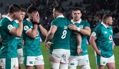 Ireland's Hugo Keenan, Jack Conan and Nick Timoney dejected after the defeat by New Zealand. Pic:©INPHO/Photosport/Brett Phibbs