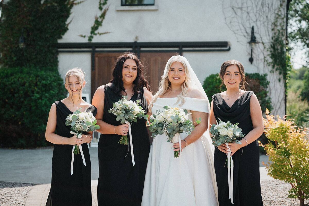 Cleo Cashman Corcoran with her maid of honour Phoebe Roche and bridesmaids Emma Hazelwood and sister Mia Cashman