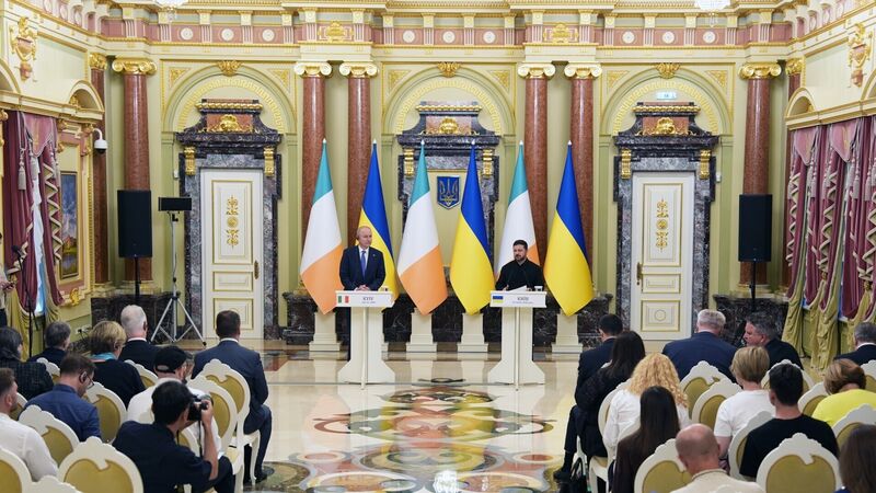 Taoiseach Micheál Martin (left) and Ukrainian President Volodymyr Zelensky during a press conference at the Presidential Palace in Kyiv, Ukraine. Picture: Niall Carson/PA Wire