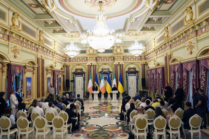 Taoiseach Micheál Martin (left) and Ukrainian President Volodymyr Zelensky during a press conference at the Presidential Palace in Kyiv, Ukraine. Picture: Niall Carson/PA Wire