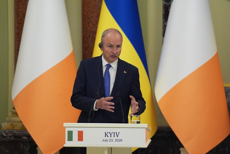 Taoiseach Micheál Martin during a press conference with Ukrainian President Volodymyr Zelensky at the Presidential Palace in Kyiv, Ukraine. Picture: Niall Carson/PA Wire