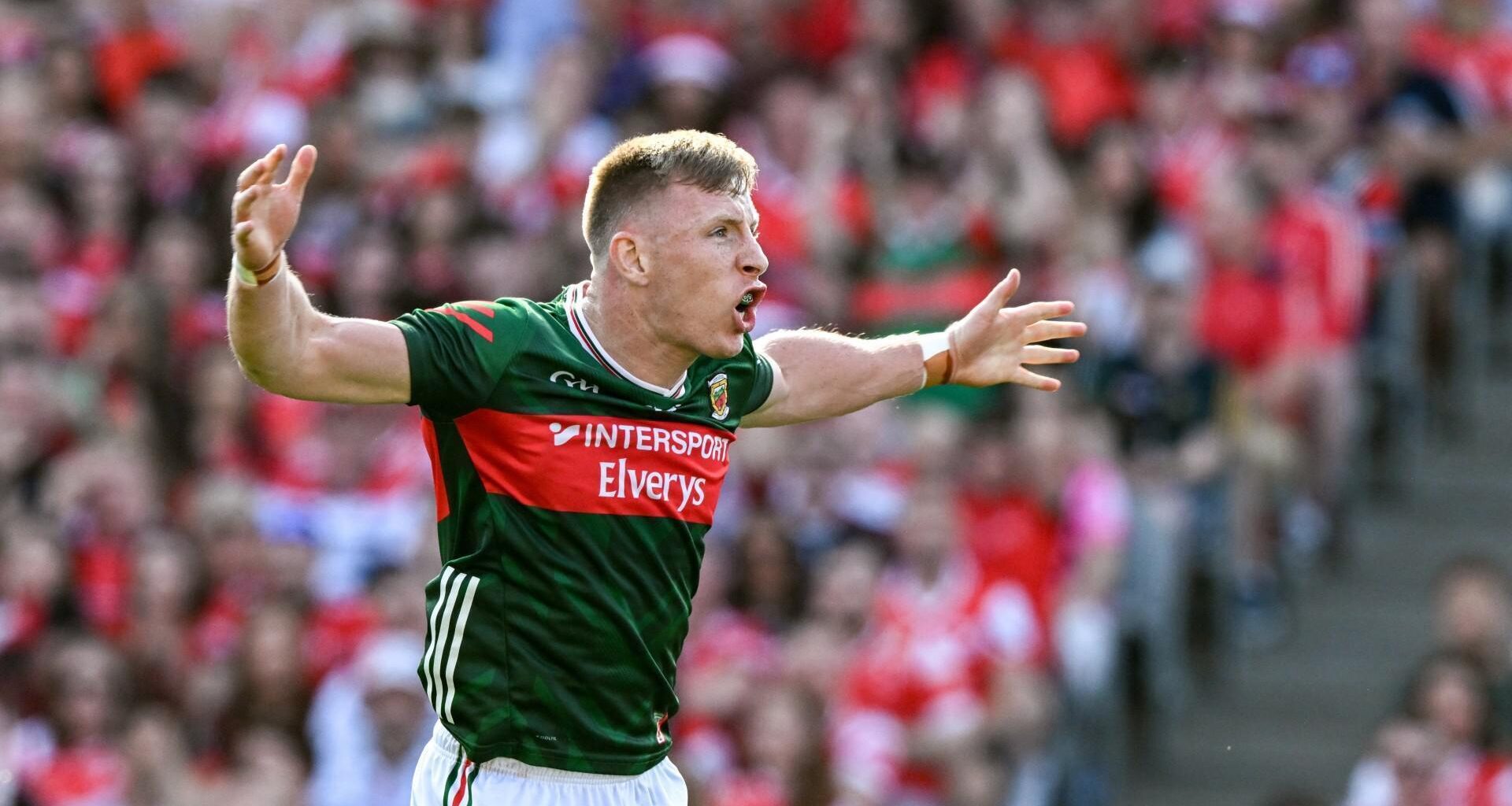 EMBRACE THE CHAOS: Mayo's Ryan O'Donoghue celebrates his 6th minute goal in the semi-final against Louth. Pic: Ray McManus/Sportsfile