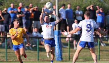 William Buckley, St. Finbarrs, in action against Callum Barrett, Carrigaline, during their 2026 McCarthy Insurance Group Premier SFC group phase clash. Pic: Jim Coughlan.