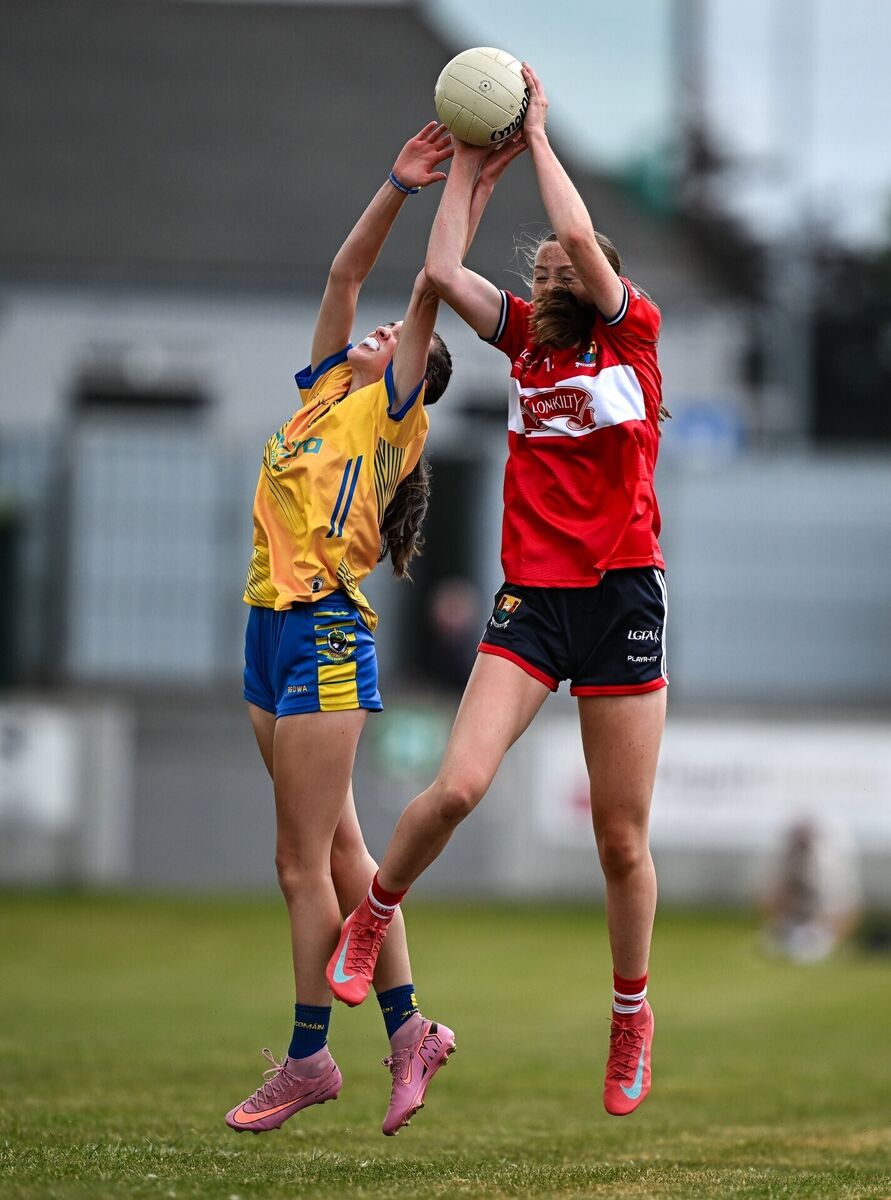 25 July 2026; Róisín Ní Liatháin of Cork in action against Georgia Gerrity of Roscommon during the LGFA ZuCar All-Ireland U18A Championship final match between Cork and Roscommon at Glenisk O’Connor Park in Tullamore, Offaly. Photo by Seb Daly/Sportsfile