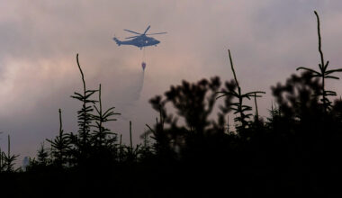 Members of the Irish Air Corps provide aerial support in tackling a major wildfire as it continues to burn at Slievenamon in Co Tipperary.