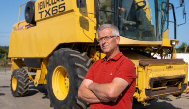 Nick Dunican, who survived after the combine harvester he was operating overturned with him inside, in front of the machine he was driving at the time. Picture: Noel Sweeney