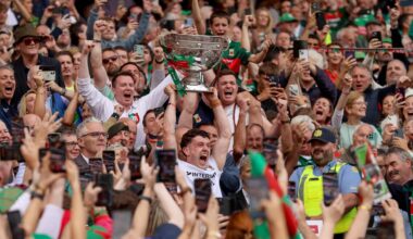 Mayo's Jack Coyne lifts the Sam Maguire Cup. Pic: INPHO/Tom Maher