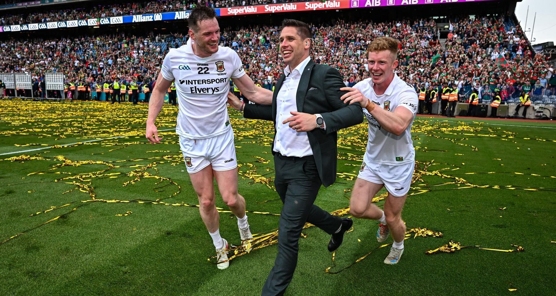 Mayo players Matthew Ruane, left, and David McBrien with former Mayo inter-county player Lee Keegan after the GAA Football All-Ireland Senior Championship final match between Kerry and Mayo at Croke Park in Dublin. Photo by Seb Daly/Sportsfile