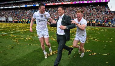 Mayo players Matthew Ruane, left, and David McBrien with former Mayo inter-county player Lee Keegan after the GAA Football All-Ireland Senior Championship final match between Kerry and Mayo at Croke Park in Dublin. Photo by Seb Daly/Sportsfile