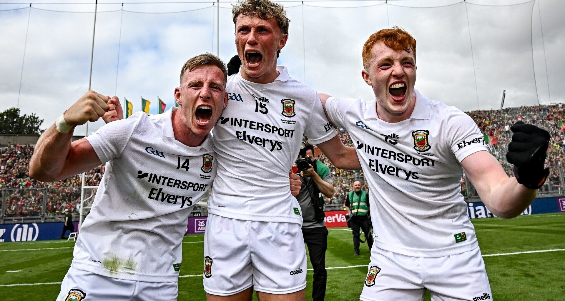 THREE STARS: Mayo players, from left, Ryan O'Donoghue, Kobe McDonald and Darragh Beirne celebrate after their side's victory in the GAA Football All-Ireland Senior Championship final match between Kerry and Mayo at Croke Park in Dublin. Photo by Seb Daly/Sportsfile